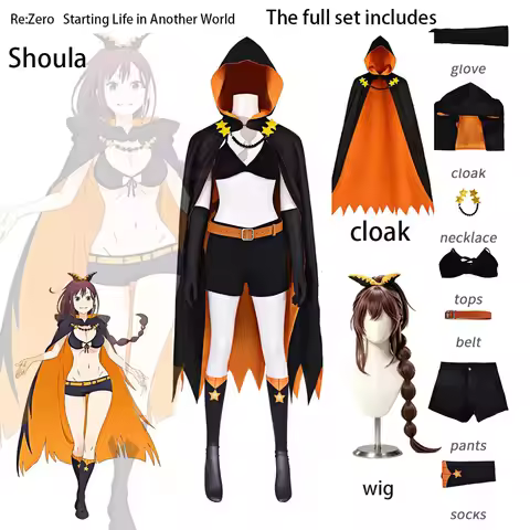Re:Zero Shaula Cosplay Black Orange Hooded Cloak Crop Top Shorts Gloves Socks Necklace Belt Full Ani