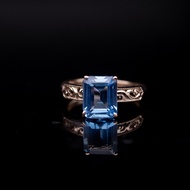 แหวนพลอยของแท้ พลอยโทปาส (Topaz) ตัวเรือนเงินแท้92.5%ชุบทอง พลอยน้ำเงินอมสีฟ้าน้ำทะเลเข้ม ไซด์นิ้ว 55 หรือ เบอร์7.5US