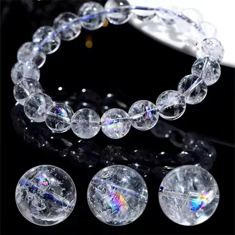 Genuine Azeztulite Crystal Bracelet Round Beads Natural White Azeztulite Rainbow Gemstone Elastic St