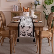 New Modern Flower Jacquard Table Runner Black And White Thicker Fashion Tassel Dining Table Runner F