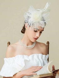 1頂米色女士時尚頭飾,茶會婚禮德比賽網紗花朵珍珠羽毛頭飾帶頭帶和夾子,優雅