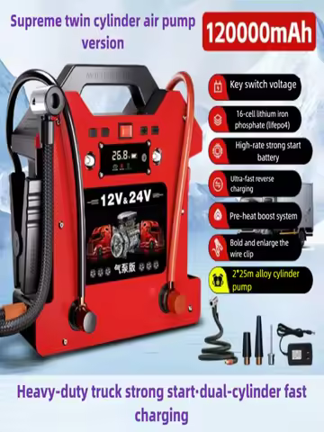 120000mAh 12V/24v Multi-Function Car Jump Starter, Air Compressor & Wireless Power Bank Smart Clamps