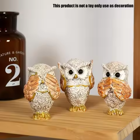 3pcs Owl Statue Figurine Set Hear No See No Speak No Animal Sculpture Ornaments Home Office Tabletop