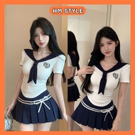 Set of embroidered sailor shirt mixed with pleated skirt and super cute bow hem HB913 HMStyle