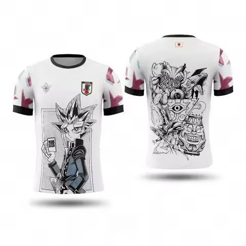 Bandai YuGiOh Anime T-Shirt Japan Soccer Jersey Style Men Short Sleeve Dark Magician Blue Eyes White