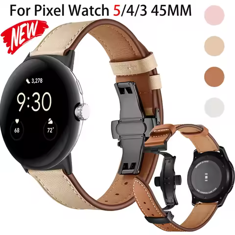 High Quality Leather Band for Google Watch Pixel 5 4 3 45mm Butterfly Buckle Strap for Pixel 5 45mm 