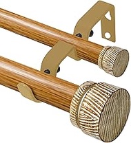 Wooden Double Curtain Rods for Windows 48 to 84 Inches, 1-Inch Diameter Heavy-Duty Adjustable Boho D