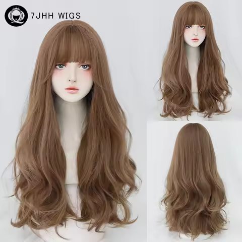 7JHH WIGS Honey Brown Wigs with Neat Bangs High Density Synthetic Loose Brown Hair Wig for Women Dai