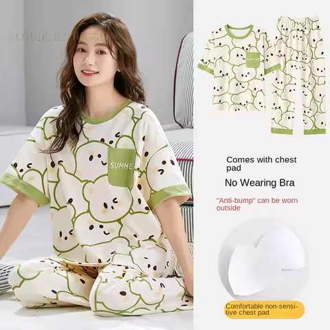Summer Nightwear Pjs Young Womens Pajama Sets Bust-Padded Pyjamas Polka Dots Sleepwear Female Lounge