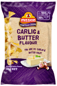 Mission Tortilla Chips ฺฺฺGarlic &amp; Butter Flavoured 65g ขนมข้าวโพดทอดกรอบรสเนยกระเทียม ขนาด 65 กรัม (0632)