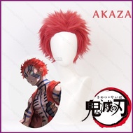 HT Demon Slayer - Akaza Wigs Cosplay Prop Red Short Hair Anime Komaji Costume Hairpiece Fluffy Wig H