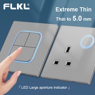 FLKL PMMA Glasse Ultra Frameles Switch Socket panel LED wall switch socket plug Grey 13amp  Modern Lighting Switch Universal 3 Pin Plug Socket with USB Dimmer Switch 1/2/3/4 Gang 1/2 Way 20A Water Hearter Aircon Door Bell wall Switch socket