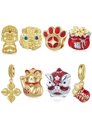1pc 925 Sterling Silver Good Luck Red Chinese Elements Charm Beads Pendant mạ vàng cho phụ nữ Fit DI