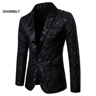 channelly Men Blazer Jacquard Single Button Autumn Winter Pockets Lapel Suit Coat for Wedding