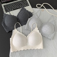 Seamless wavy edge bra for women, small bust, push-up, thin, side support, halter neck, wire-free br