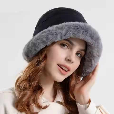Plush Fuzzy Bucket Hat for Women Fashion Warm Fluffy Fisherman Cap Winter Ski Cap Outdoor Windproof 