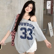 Women's T-Shirt Off-Shoulder Casual Style Loose Fit Short Sleeve Printed With Letters American Retro