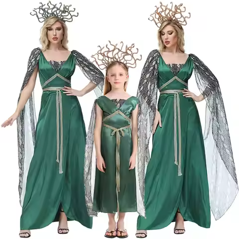 Goddess Medusa Headgear Skirts Green Dress Cosplay Women Costume Dance Party Perfemence Clothing Hal