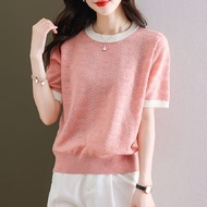 Clothing Fashion Short Knit Top Short-Sleeved t-Shirt Sweater Ice Silk Classy Women Jacquard Age-Red