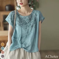 【ACheter】 冰玉繡花下結麻紗寬鬆上衣# 113139 M 藍色