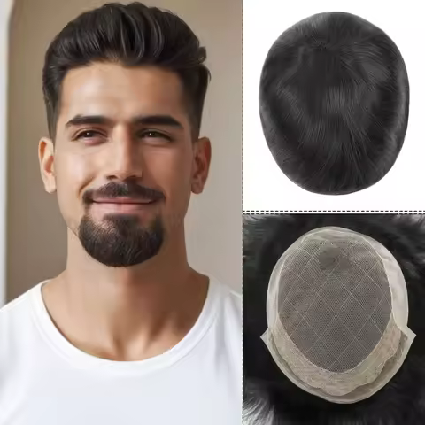 Mens Toupee Swiss Lace Base Handmade NPU Hair System Straight Human Hair 7X9 Natural Hairline Daily 