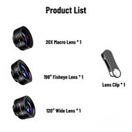 ชุดเลนส์โทรศัพท์มือถือสำหรับสมาร์ทโฟน iPhone Android 120 ° มุมกว้าง198 ° Fisheye 20X เลนส์มาโคร3-In-