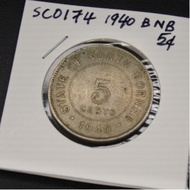 SC0174 1940 British North Borneo 5 Cent Coin (Sabah Old Money）
