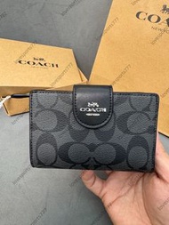 Coach蔻馳女短夾中款黑灰色零錢