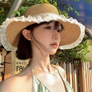 topi pantai wanita topi pantai Topi jerami rata renda Perancis wanita musim panas 2025 topi besar ba