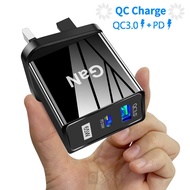 65W 3Pin Plug GaN Charger UK  2 Port USB Type C PD Fast Charger with Quick Charge 3.0