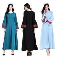 Dress Muslim Lengan Panjang Flare Model Longgar Motif Bordir Bunga