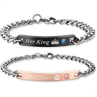 2 ชิ้น ชุดสร้อยข้อมือคู่ สีดำ สีทองขาว 3 มิติ "ราชินีของเขา กษัตริย์ของเธอ" ของขวัญวาเลนไทน์