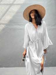 2023 Elegant Solid Kaftan Long Blue Tunic Loose Maxi Dress Women Summer Clothing Beach Wear Swim Sui