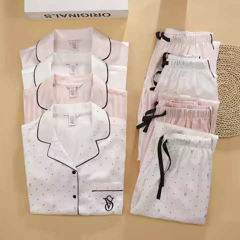 Victoria's Secret Soft Breathable Button Down Pyjama Suit Womens Silk Satin Pajamas Set Short Sleeve