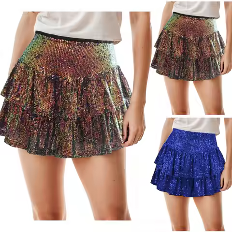 Women Sequins Ruffle Skirts High Waist Glitter Flowy Skirt Layered Shiny Flowy Mini Skirts Sparkling
