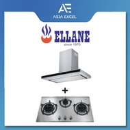 ELLANE EH-2880 90CM TOUCH CONTROL STAINLESS STEEL CHIMNEY HOOD + ELLANE EB-338SV 76CM 3 BURNER STAIN