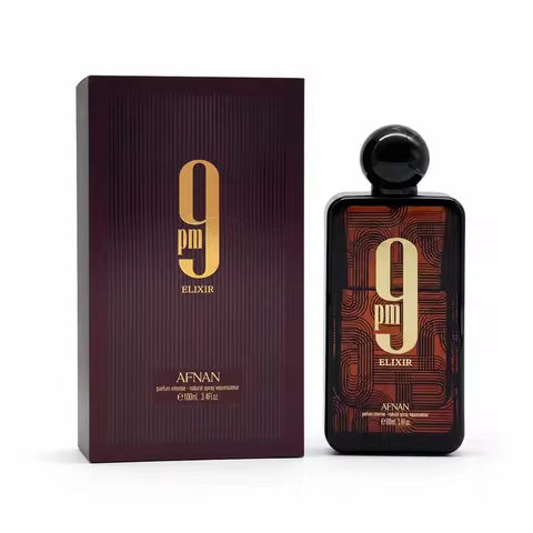 Luxury Dark Brown Textured Square Bottle Afnan 9 PM Elixir Mens Perfume 100ml Long Lasting Arabic In
