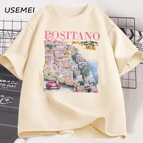Positano Italy T-Shirt Vintage Italian T Shirt Oversized Cute Women's Graphic Tee Retro Short Sleeve