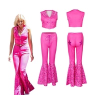 ₪♤ Womens 70s 80s Disco Costume Margot Robbie Movie Pink Flare Hippie Disco Costume Halloween Outfit