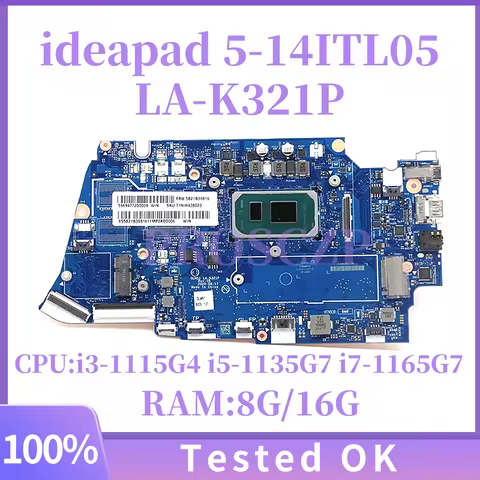For Lenovo ideapad 5-14ITL05 LA-K321P Laptop Motherboard With CPU i5-1135G7 i7-1165G7 RAM:8G/16G FRU
