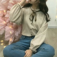 Woman korean bow tie blouse female school long sleeve