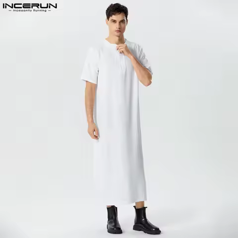 Men Vintage Short Sleeve Robes O-Neck Muslim Arabic Islamic Kaftan INCERUN 2024 Solid Robes Saudi St