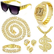 Ferreve 8 Pcs Hip Hop Jewelry Set Dollar Sign Gold Pendant Necklace Bracelet Watch Sunglasses Rings 