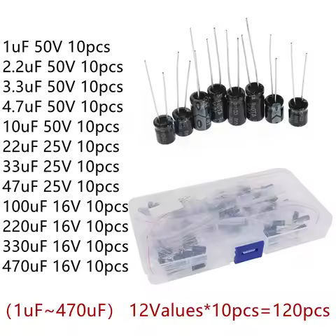 120pcs 1uF-470uF Electrolytic Capacitor 16V 25V 50V Aluminum Electrolytic Capacitor Kit 12 Values DI