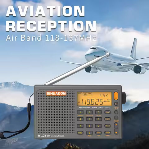 SIHUADON R108 DSP AM FM SW Airband Portable Radio 500Presets Alarm Sleep Timer Temp LCD BL5C Type-C 