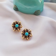 美國西洋古董飾品 / FLORENZA 人造綠松石珍珠 鳶尾花 復古夾式耳環