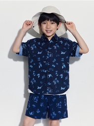男童裝|Logo印花翻領短袖襯衫-海軍藍