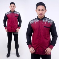 MERAH SHIRT MEN'S LONGkoko WITH EMBROIDERY COMBINATION IN DARK RED,/ MAROON - J, M MOTIF, TRENDY, LA