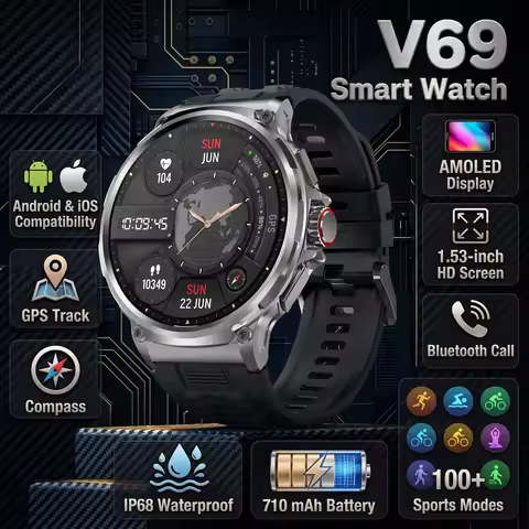 V69 AMOLED Smart Watch Men 1.85" Bluetooth Call 710mAh Rugged Outdoor Sport Smartwatch Health Fitnes