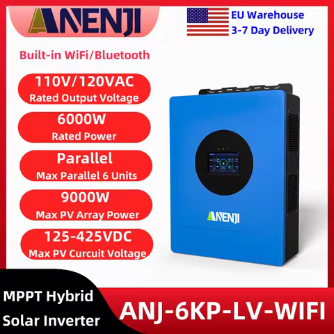 ANENJI 6KW 110V/120VAC Hybrid Solar Inverter 48V Pure Sine Wave MPPT Inverter 6 Units Parallel 120A 